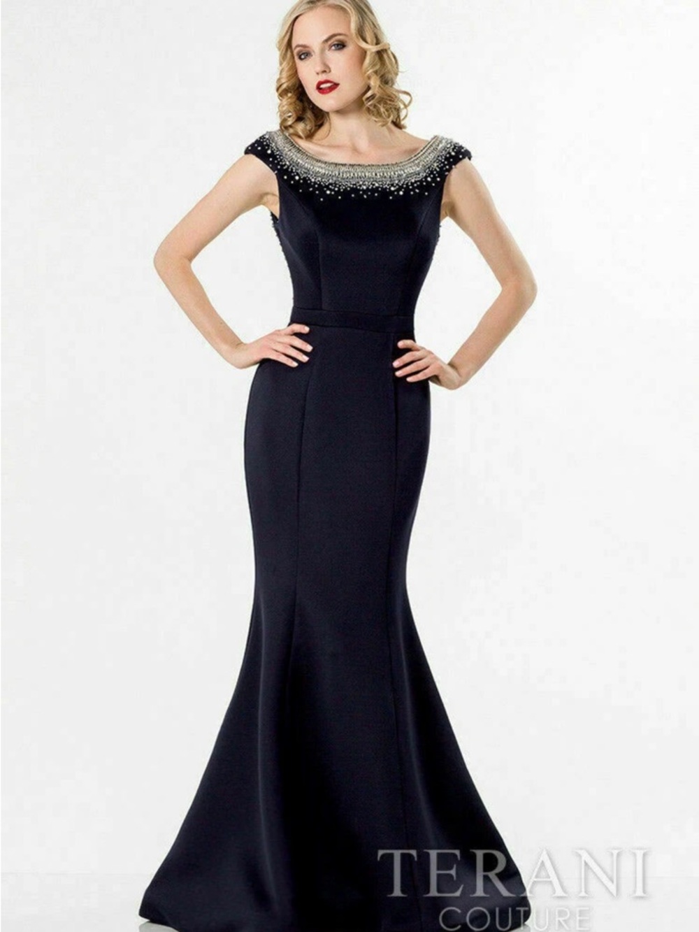 Terani Couture Black Beaded Boatneck Mermaid Gown